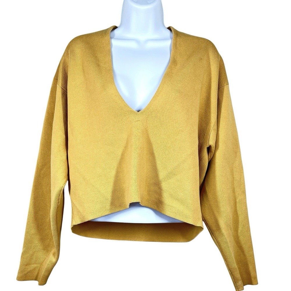 Uniqlo & Lamaire Oversized Cropped Sweater Size S Gold Cotton Blend Deep V-Neck